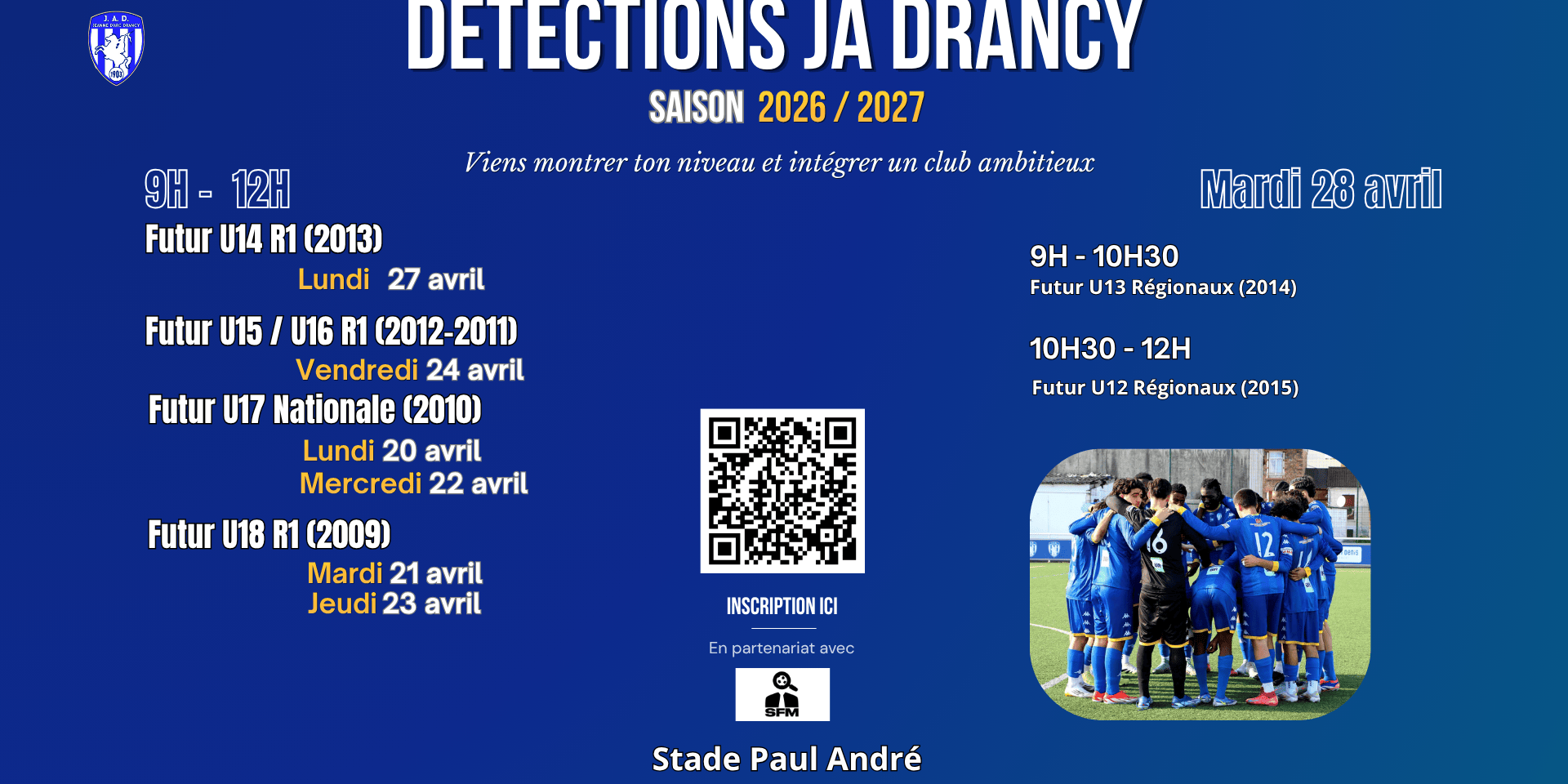 Affiche détections football JA Drancy saison 2026 2027 jeunes U12 à U18