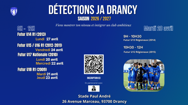Affiche détections football JA Drancy saison 2026 2027 jeunes U12 à U18