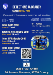 Flyer détections football JA Drancy saison 2026 2027 jeunes U12 à U18